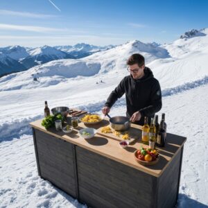 שף מבשל פסטה בהרים שלגיים עם נוף מדהים